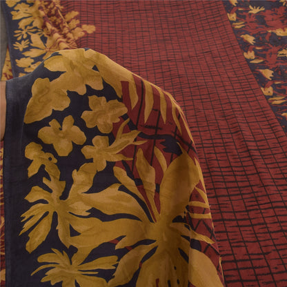 Sanskriti Vintage Sarees Dusty Red Pure Crepe Silk Print Sari 5+yd Craft Sustainable Fabric