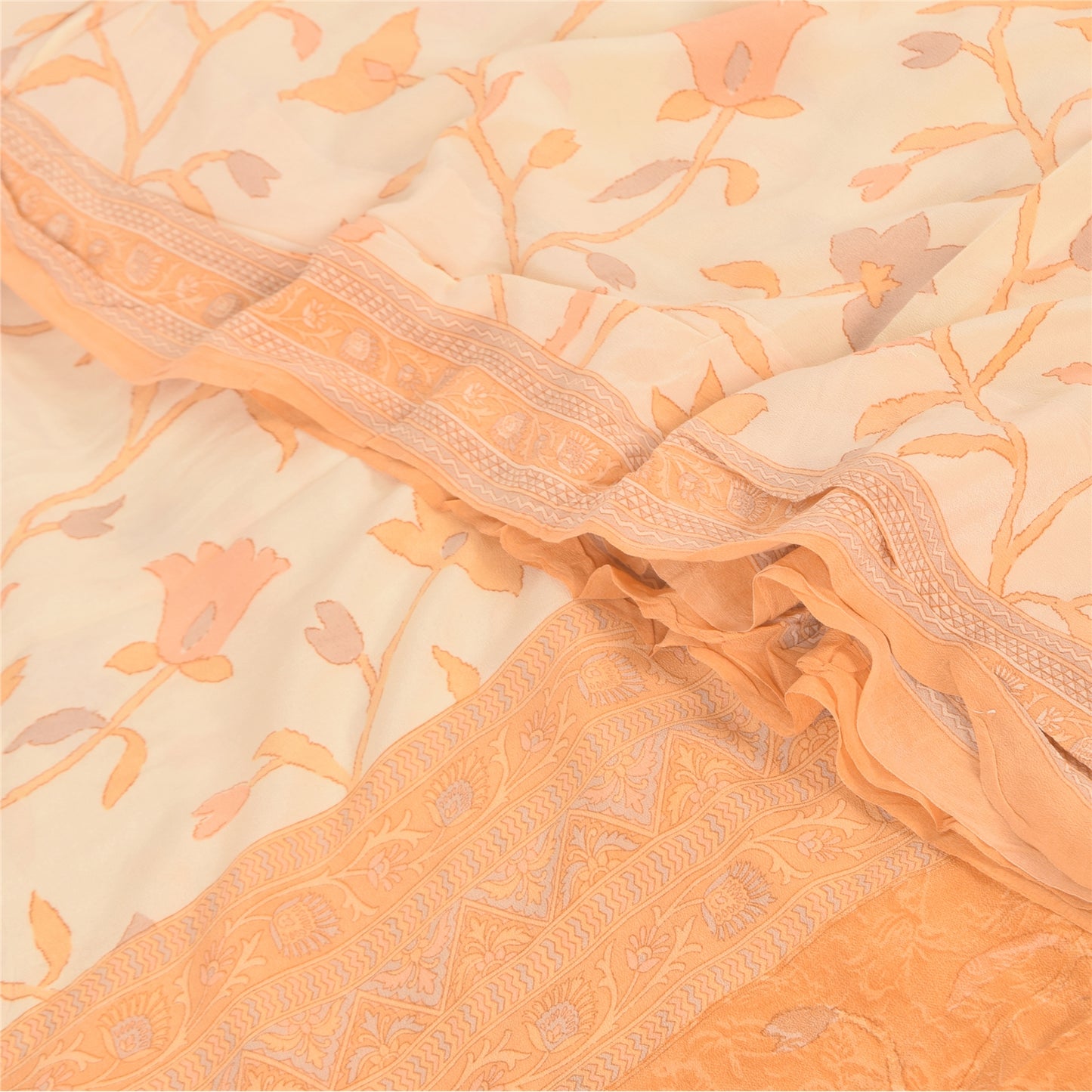 Sanskriti Vintage Sarees Ivory/Orange Pure Crepe Printed Sari 6+yd Craft Sustainable Fabric