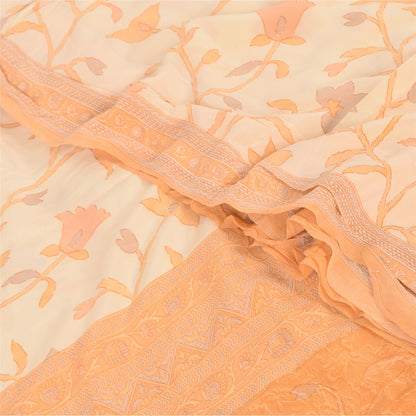 Sanskriti Vintage Sarees Ivory/Orange Pure Crepe Printed Sari 6+yd Craft Sustainable Fabric