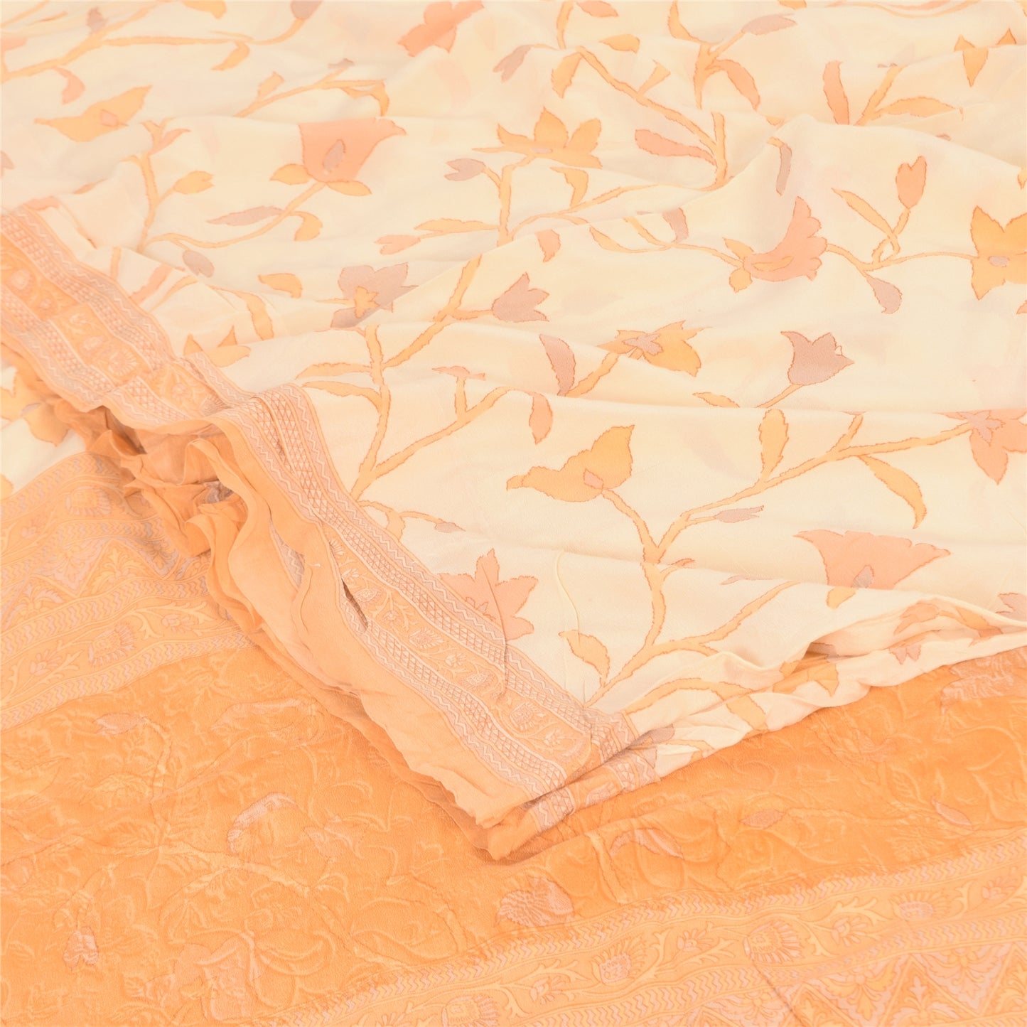Sanskriti Vintage Sarees Ivory/Orange Pure Crepe Printed Sari 6+yd Craft Sustainable Fabric