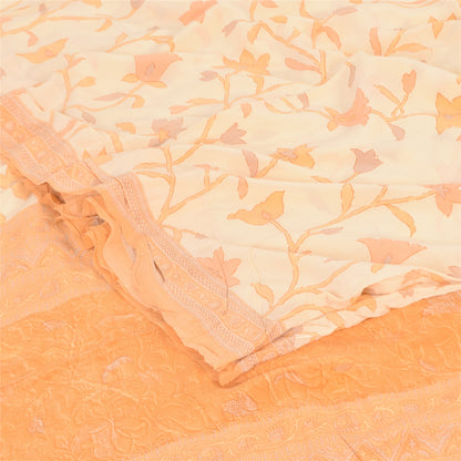 Sanskriti Vintage Sarees Ivory/Orange Pure Crepe Printed Sari 6+yd Craft Sustainable Fabric