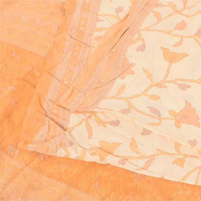 Sanskriti Vintage Sarees Ivory/Orange Pure Crepe Printed Sari 6+yd Craft Sustainable Fabric