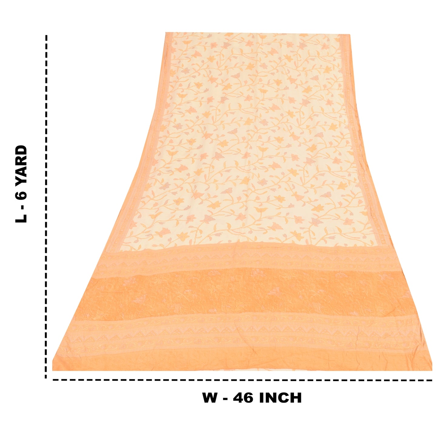 Sanskriti Vintage Sarees Ivory/Orange Pure Crepe Printed Sari 6+yd Craft Sustainable Fabric