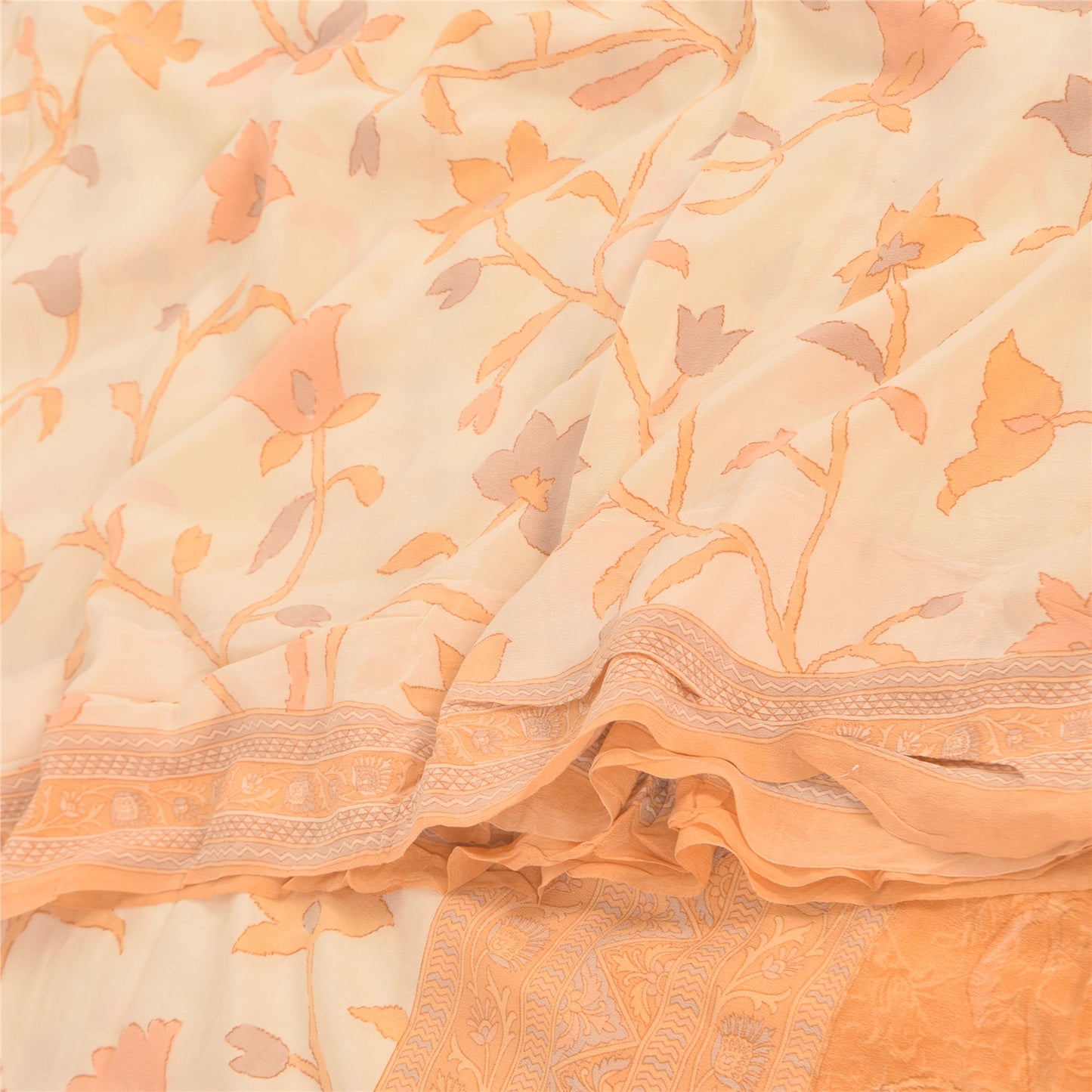 Sanskriti Vintage Sarees Ivory/Orange Pure Crepe Printed Sari 6+yd Craft Sustainable Fabric
