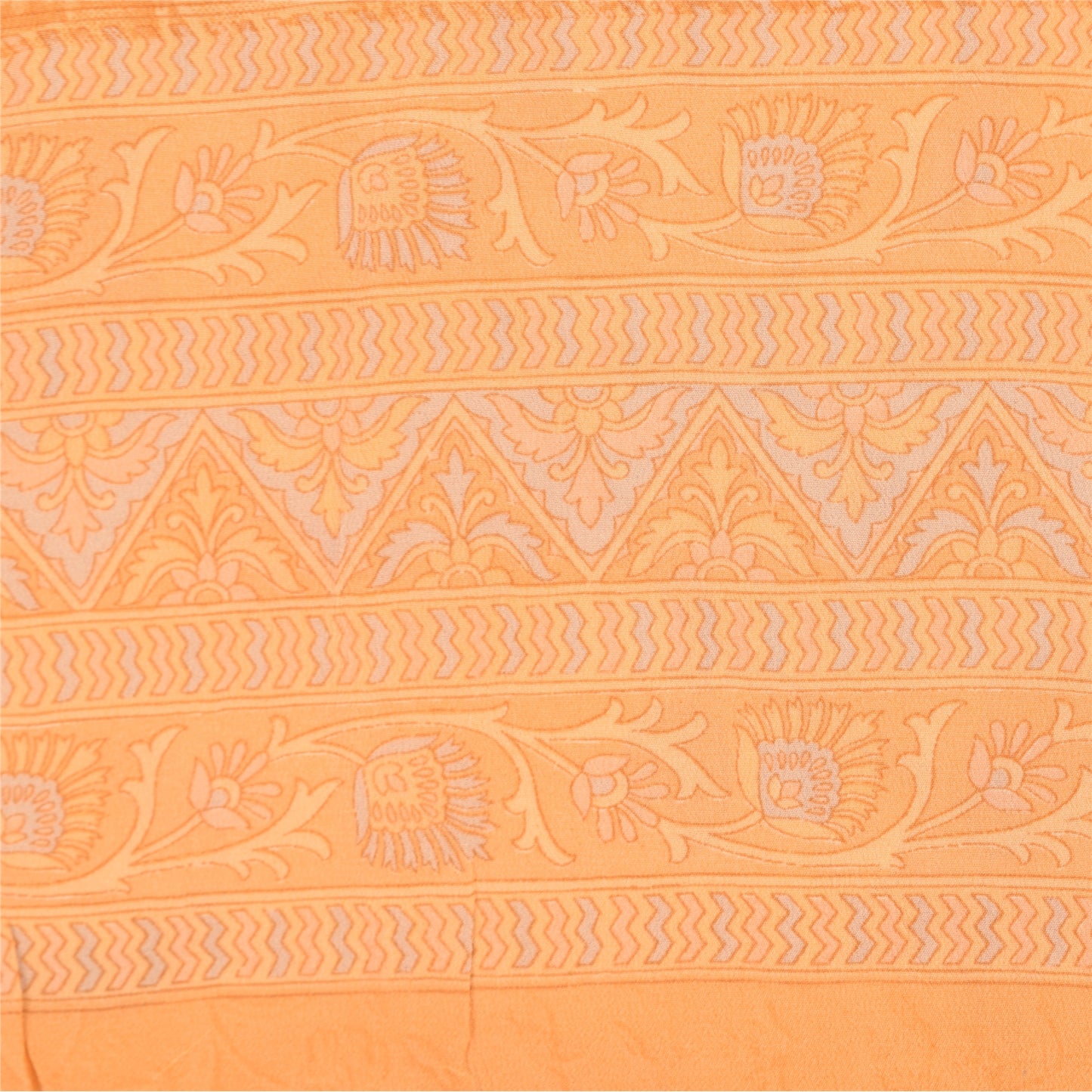 Sanskriti Vintage Sarees Ivory/Orange Pure Crepe Printed Sari 6+yd Craft Sustainable Fabric