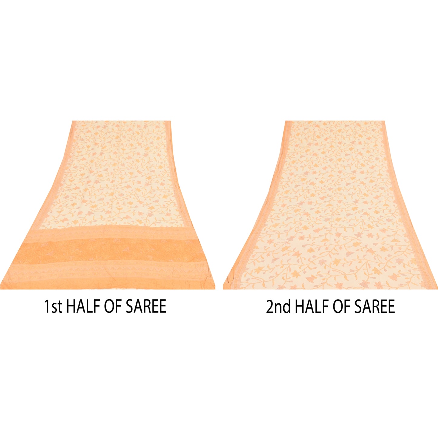 Sanskriti Vintage Sarees Ivory/Orange Pure Crepe Printed Sari 6+yd Craft Sustainable Fabric