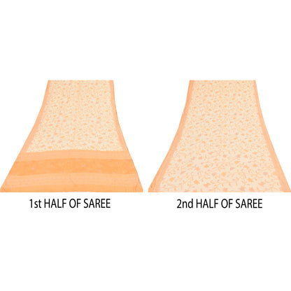 Sanskriti Vintage Sarees Ivory/Orange Pure Crepe Printed Sari 6+yd Craft Sustainable Fabric