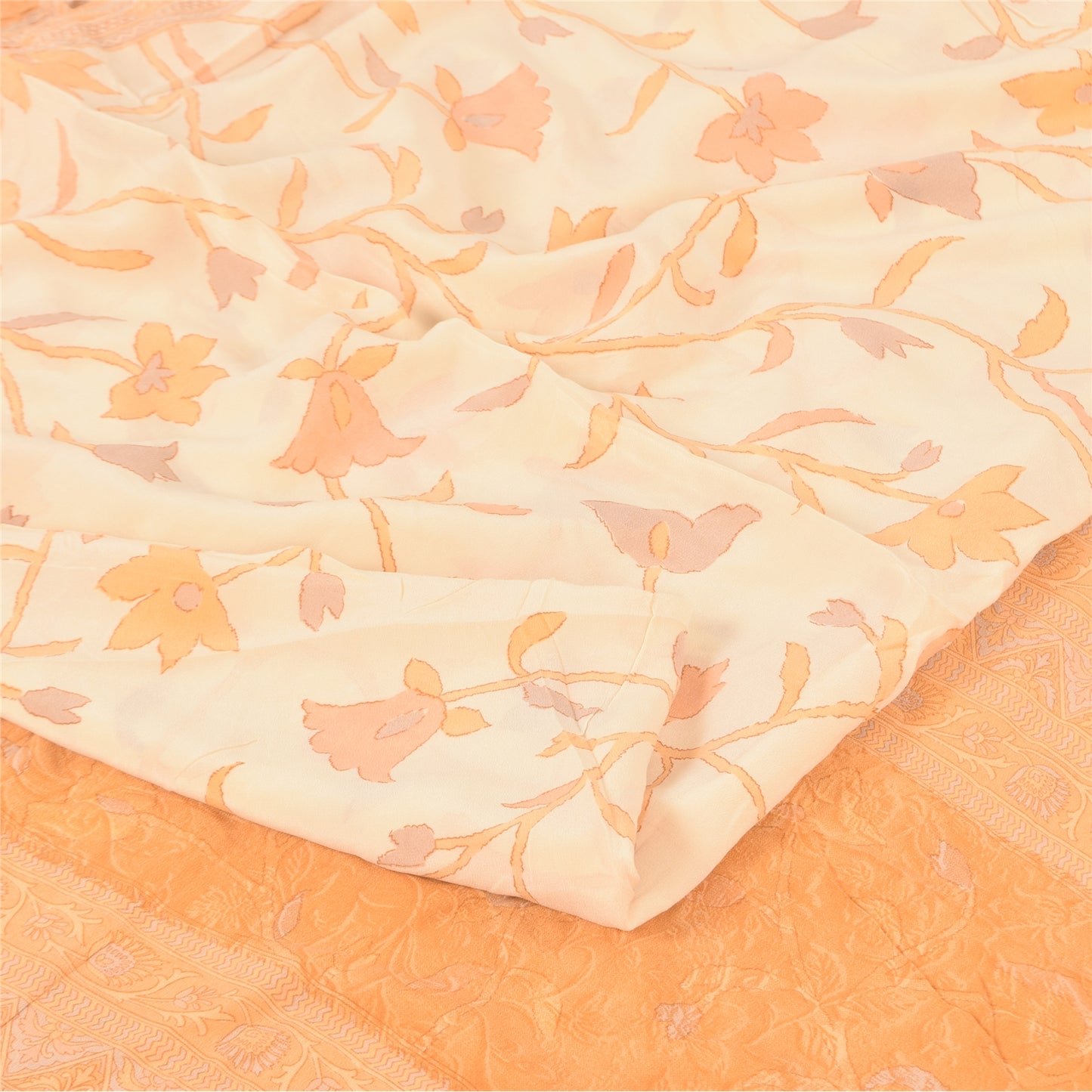 Sanskriti Vintage Sarees Ivory/Orange Pure Crepe Printed Sari 6+yd Craft Sustainable Fabric