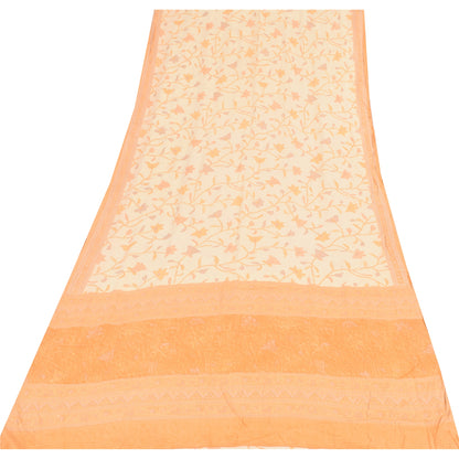 Sanskriti Vintage Sarees Ivory/Orange Pure Crepe Printed Sari 6+yd Craft Sustainable Fabric