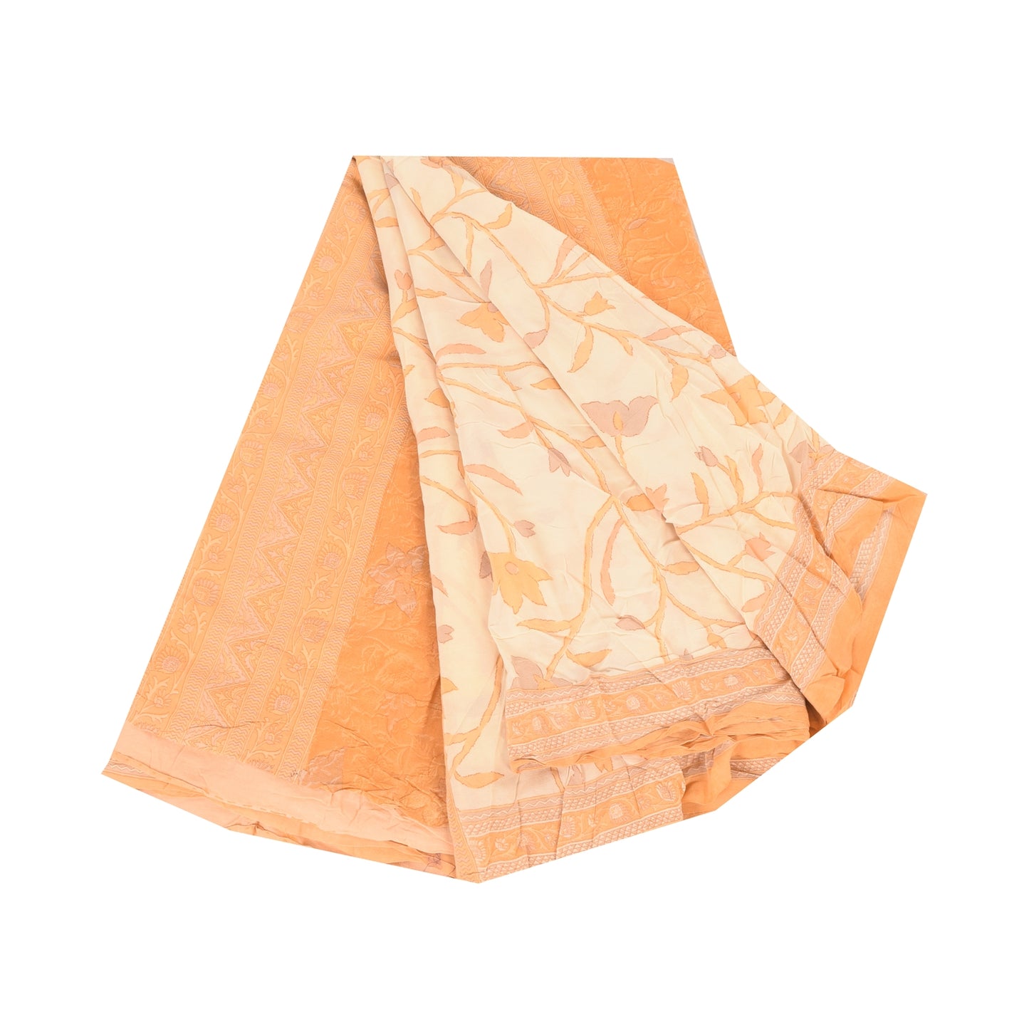 Sanskriti Vintage Sarees Ivory/Orange Pure Crepe Printed Sari 6+yd Craft Sustainable Fabric