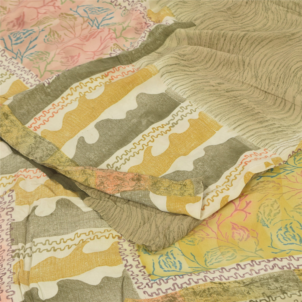 Sanskriti Vintage Sarier Olivengrøn Ren Crepe Trykt Sari 5+ yard Håndværk Bæredygtigt Stoff