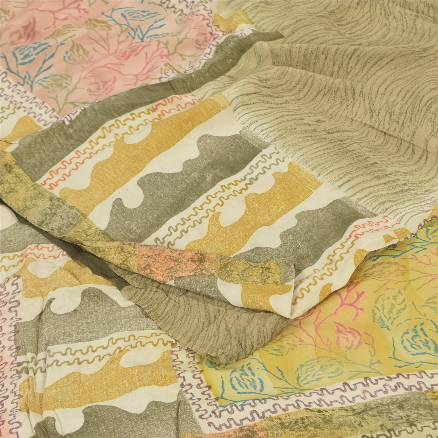 Sanskriti Vintage Sarier Olivengrøn Ren Crepe Trykt Sari 5+ yard Håndværk Bæredygtigt Stoff