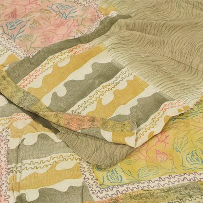 Sanskriti Vintage Sarier Olivengrøn Ren Crepe Trykt Sari 5+ yard Håndværk Bæredygtigt Stoff