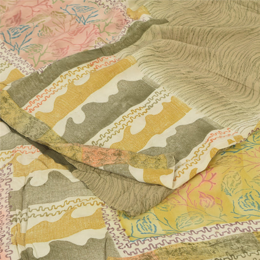 Sanskriti Vintage Sarees Olive Green Pure Crepe Printed Sari 5+yd Craft Sustainable Fabric