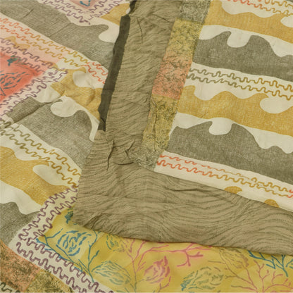 Sanskriti Vintage Sarier Olivengrøn Ren Crepe Trykt Sari 5+ yard Håndværk Bæredygtigt Stoff