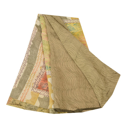 Sanskriti Vintage Sarier Olivengrøn Ren Crepe Trykt Sari 5+ yard Håndværk Bæredygtigt Stoff