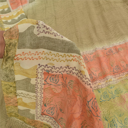 Sanskriti Vintage Sarier Olivengrøn Ren Crepe Trykt Sari 5+ yard Håndværk Bæredygtigt Stoff