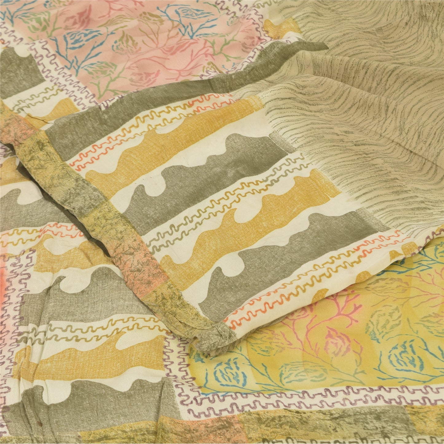 Sanskriti Vintage Sarier Olivengrøn Ren Crepe Trykt Sari 5+ yard Håndværk Bæredygtigt Stoff