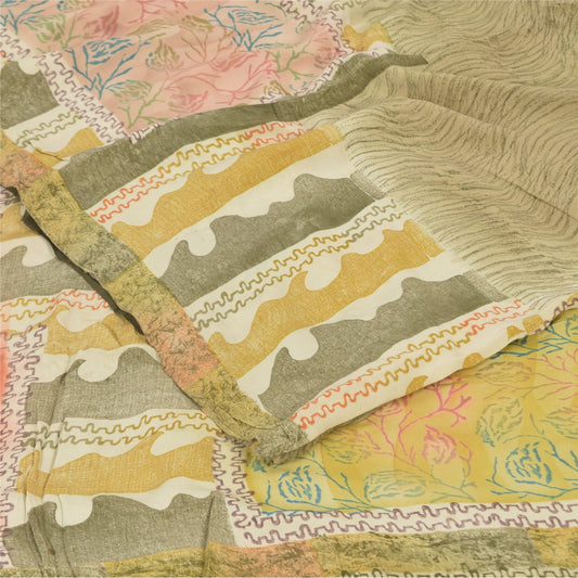 Sanskriti Vintage Sarees Olive Green Pure Crepe Printed Sari 5+yd Craft Sustainable Fabric