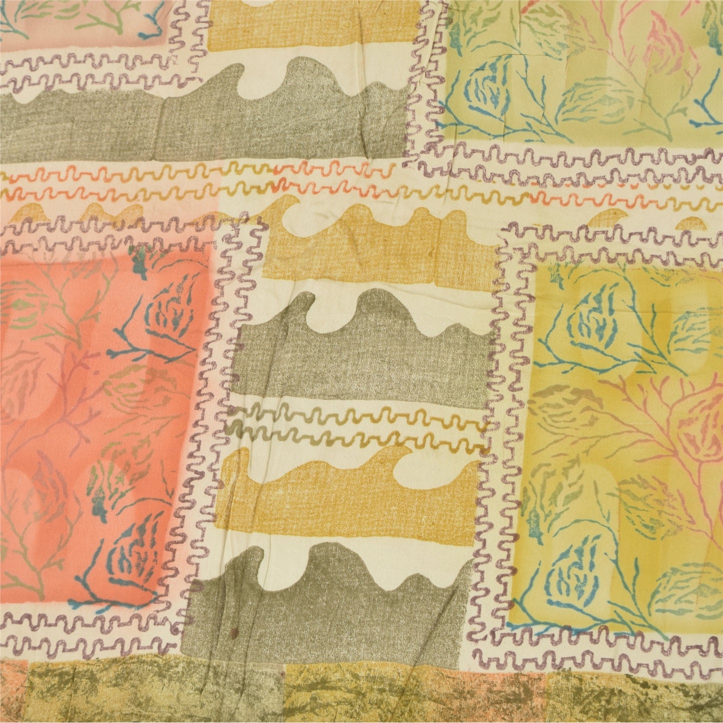 Sanskriti Vintage Sarier Olivengrøn Ren Crepe Trykt Sari 5+ yard Håndværk Bæredygtigt Stoff