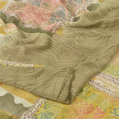 Sanskriti Vintage Sarier Olivengrøn Ren Crepe Trykt Sari 5+ yard Håndværk Bæredygtigt Stoff