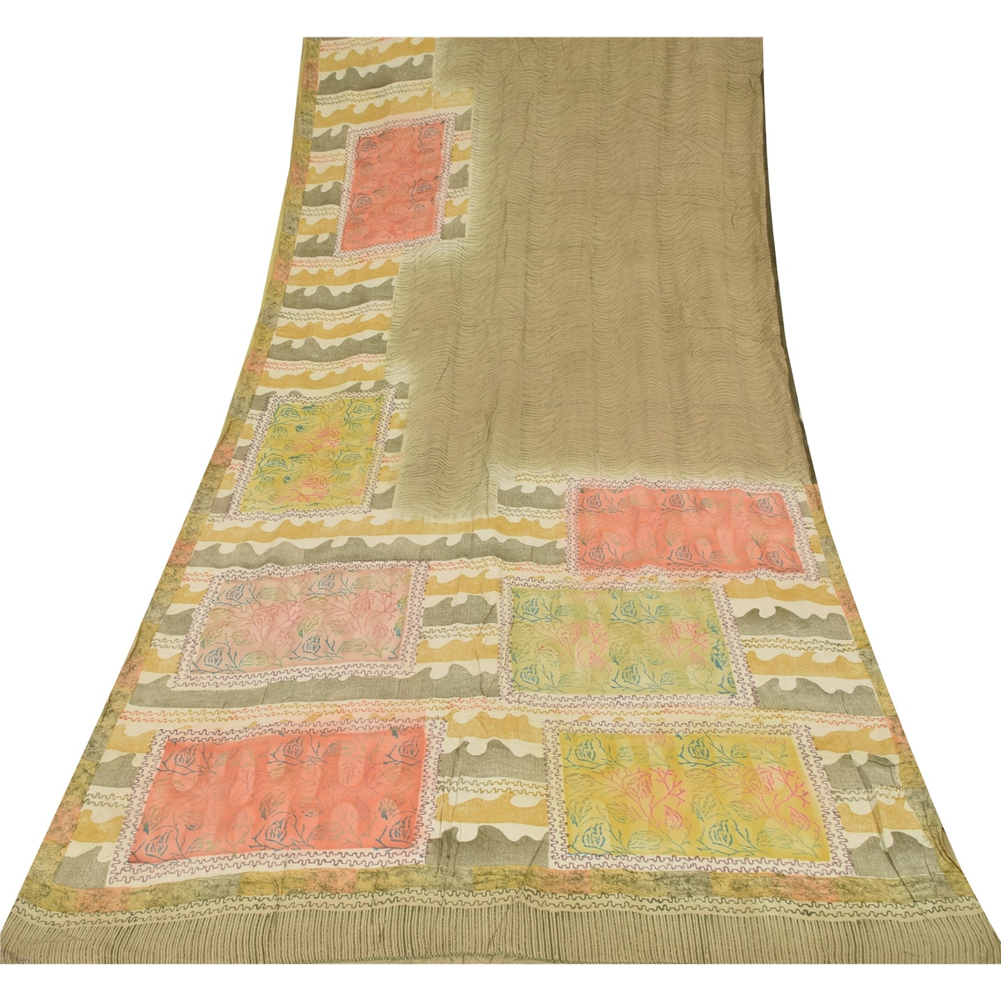 Sanskriti Vintage Sarier Olivengrøn Ren Crepe Trykt Sari 5+ yard Håndværk Bæredygtigt Stoff