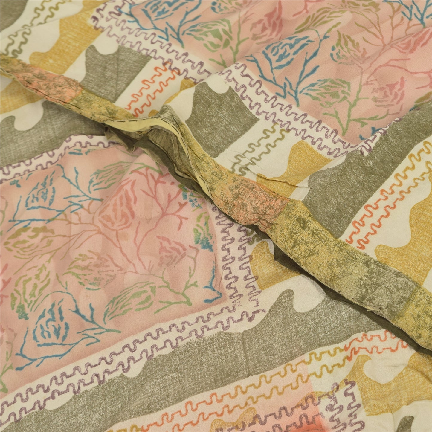 Sanskriti Vintage Sarier Olivengrøn Ren Crepe Trykt Sari 5+ yard Håndværk Bæredygtigt Stoff