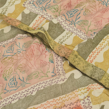 Sanskriti Vintage Sarier Olivengrøn Ren Crepe Trykt Sari 5+ yard Håndværk Bæredygtigt Stoff