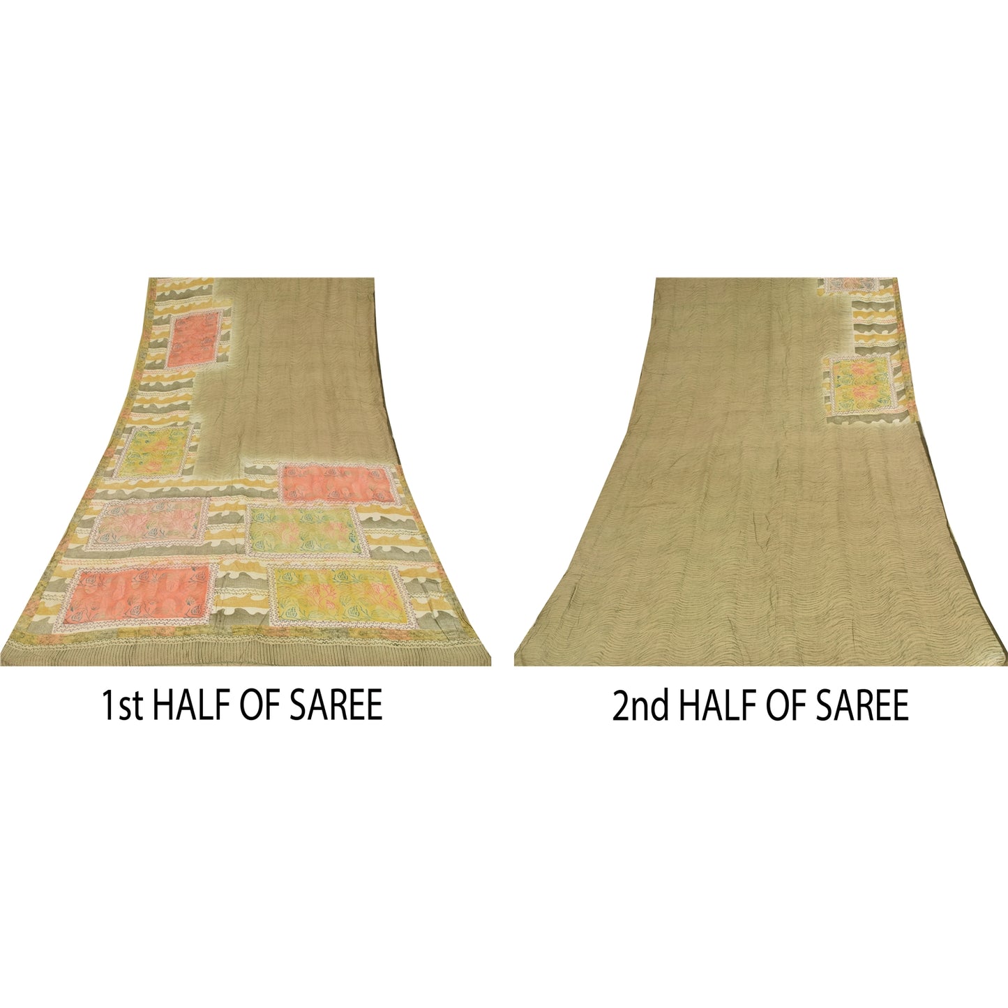 Sanskriti Vintage Sarier Olivengrøn Ren Crepe Trykt Sari 5+ yard Håndværk Bæredygtigt Stoff