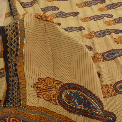 Sanskriti Vintage Sarees Peach Pure Crepe Silk Printed Sari 5+yd Craft Sustainable Fabric