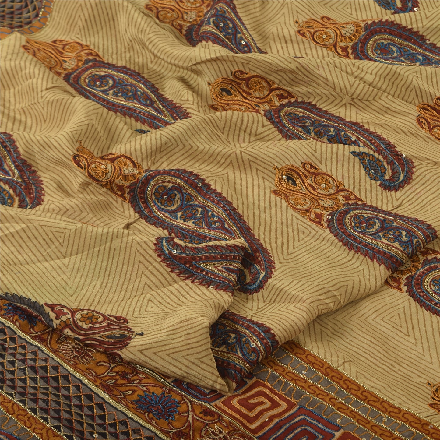 Sanskriti Vintage Sarees Peach Pure Crepe Silk Printed Sari 5+yd Craft Sustainable Fabric