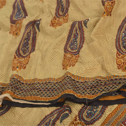 Sanskriti Vintage Sarees Peach Pure Crepe Silk Printed Sari 5+yd Craft Sustainable Fabric