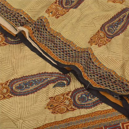 Sanskriti Vintage Sarees Peach Pure Crepe Silk Printed Sari 5+yd Craft Sustainable Fabric