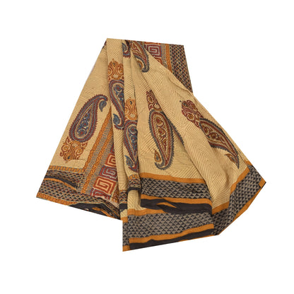 Sanskriti Vintage Sarees Peach Pure Crepe Silk Printed Sari 5+yd Craft Sustainable Fabric