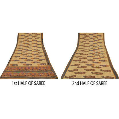 Sanskriti Vintage Sarees Peach Pure Crepe Silk Printed Sari 5+yd Craft Sustainable Fabric