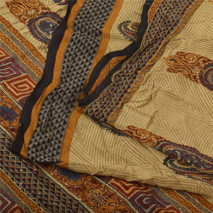 Sanskriti Vintage Sarees Peach Pure Crepe Silk Printed Sari 5+yd Craft Sustainable Fabric