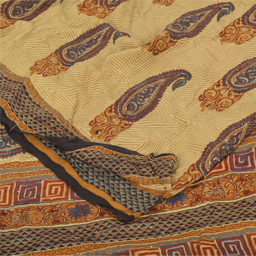 Sanskriti Vintage Sarees Peach Pure Crepe Silk Printed Sari 5+yd Craft Sustainable Fabric