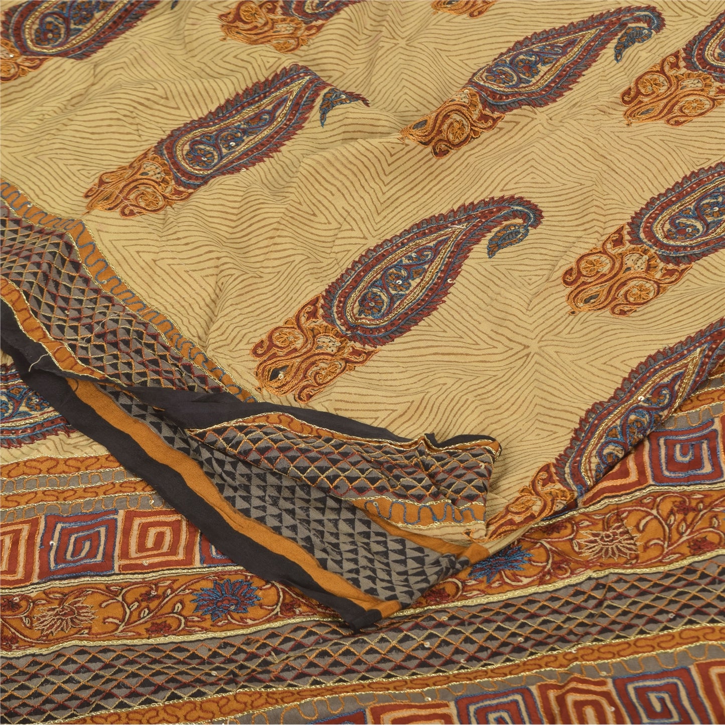 Sanskriti Vintage Sarees Peach Pure Crepe Silk Printed Sari 5+yd Craft Sustainable Fabric