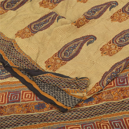 Sanskriti Vintage Sarees Peach Pure Crepe Silk Printed Sari 5+yd Craft Sustainable Fabric