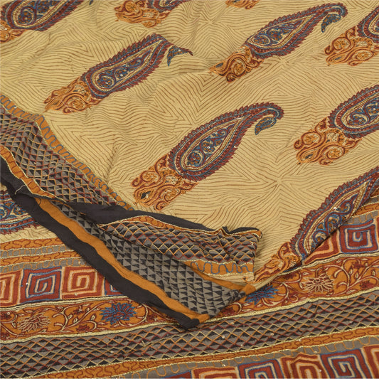 Sanskriti Vintage Sarees Peach Pure Crepe Silk Printed Sari 5+yd Craft Sustainable Fabric