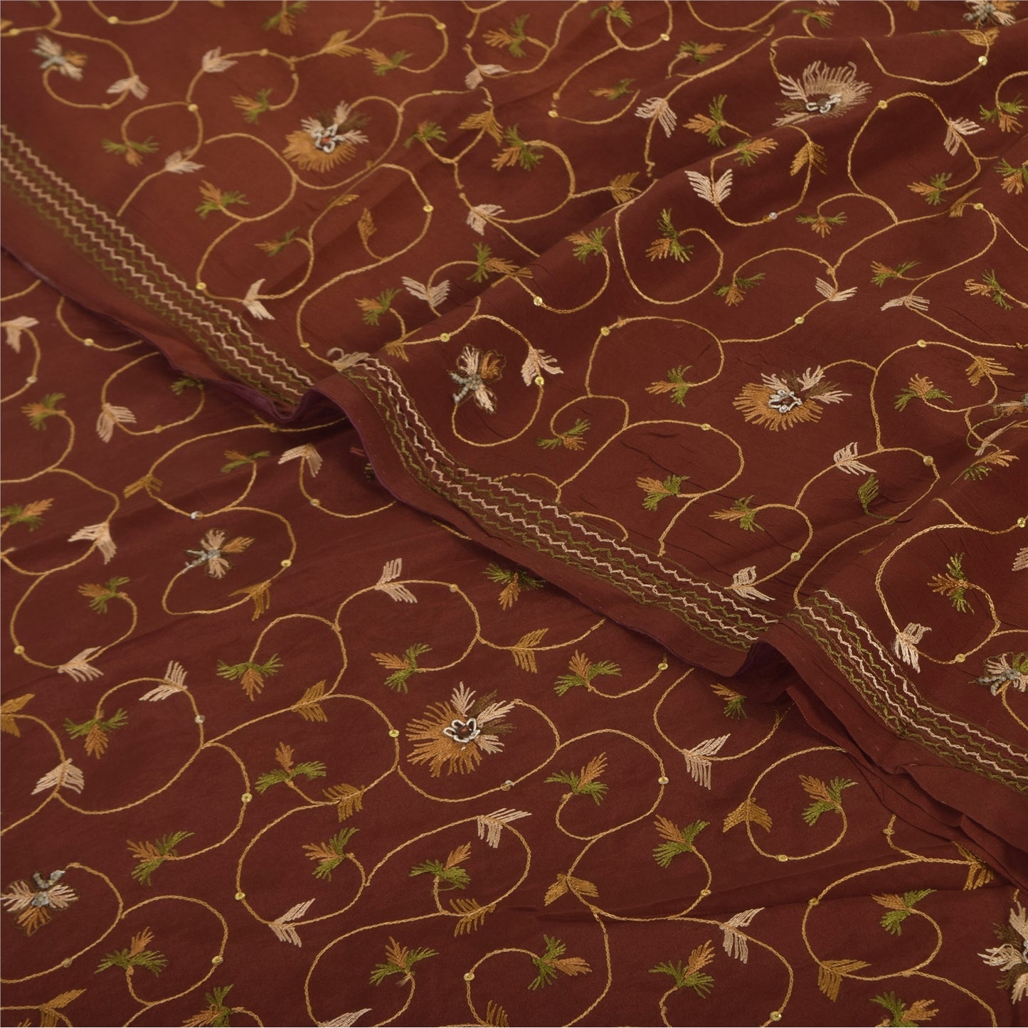 Sanskriti Vintage Sarier Orange Håndperlet Suzani Ren Crepe Sari 5+ yards Bæredygtigt Stof