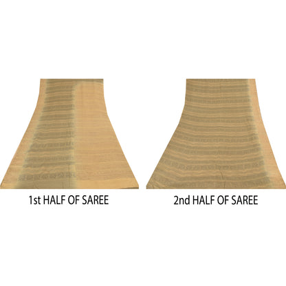 Sanskriti Vintage Sarees Peach/Cream Pure Crepe Printed Sari 5+yd Craft Sustainable Fabric