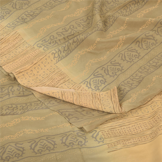 Sanskriti Vintage Sarees Peach/Cream Pure Crepe Printed Sari 5+yd Craft Sustainable Fabric