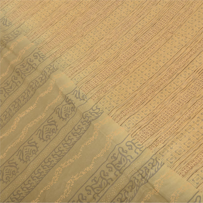 Sanskriti Vintage Sarees Peach/Cream Pure Crepe Printed Sari 5+yd Craft Sustainable Fabric