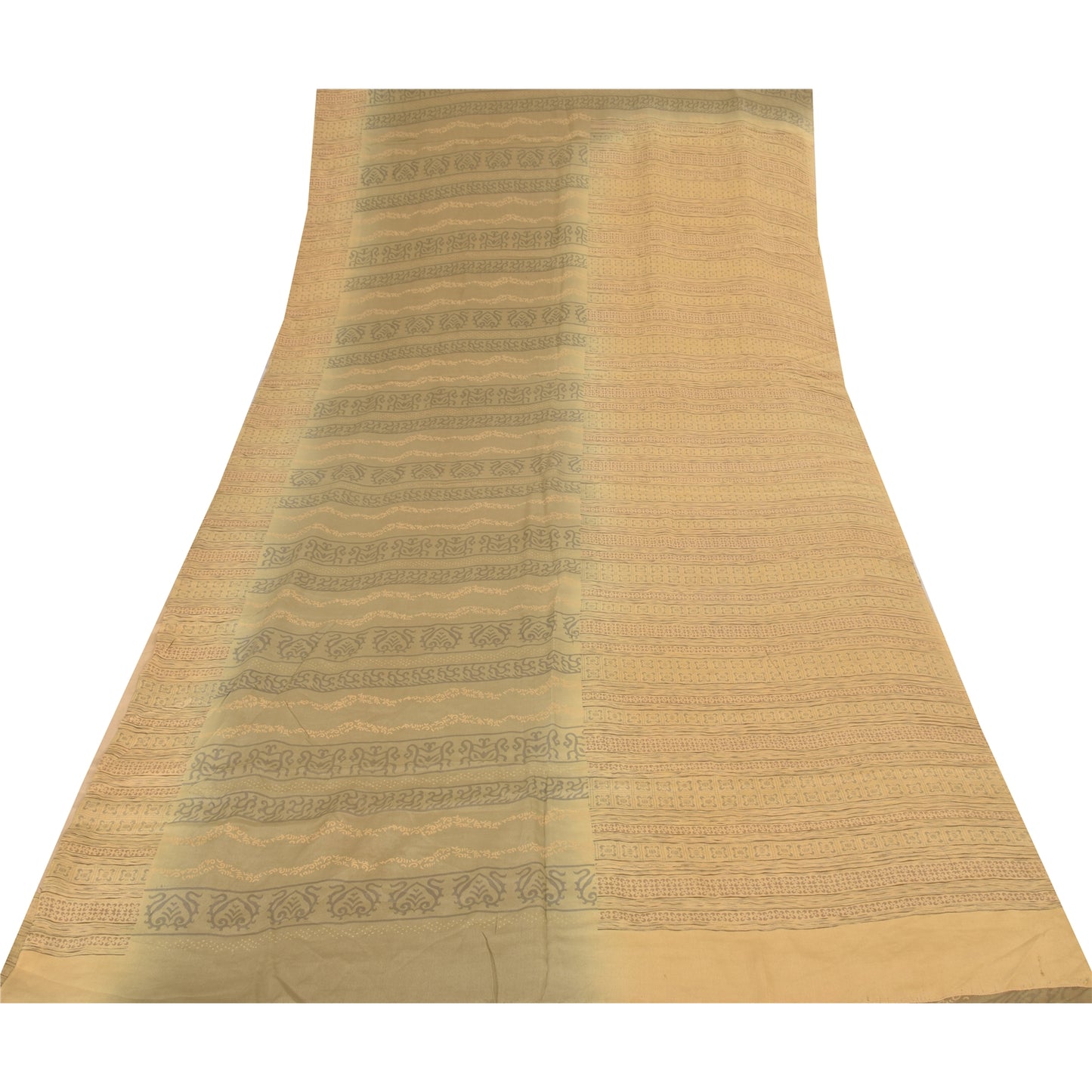 Sanskriti Vintage Sarees Peach/Cream Pure Crepe Printed Sari 5+yd Craft Sustainable Fabric