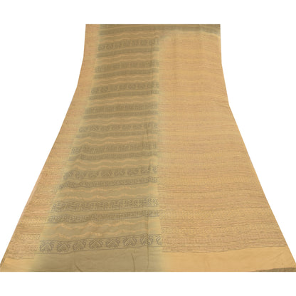 Sanskriti Vintage Sarees Peach/Cream Pure Crepe Printed Sari 5+yd Craft Sustainable Fabric