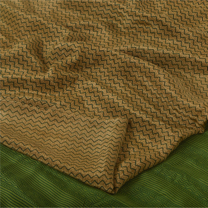Sanskriti Vintage Sarees Brown/Green Pure Crepe Printed Sari 5+yd Craft Sustainable Fabric
