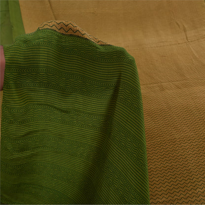 Sanskriti Vintage Sarees Brown/Green Pure Crepe Printed Sari 5+yd Craft Sustainable Fabric