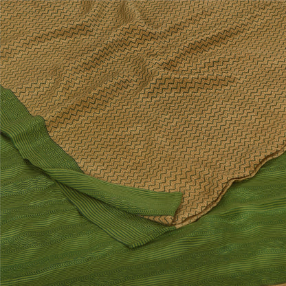 Sanskriti Vintage Sarees Brown/Green Pure Crepe Printed Sari 5+yd Craft Sustainable Fabric