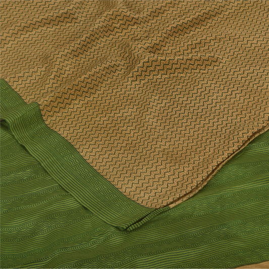 Sanskriti Vintage Sarees Brown/Green Pure Crepe Printed Sari 5+yd Craft Sustainable Fabric